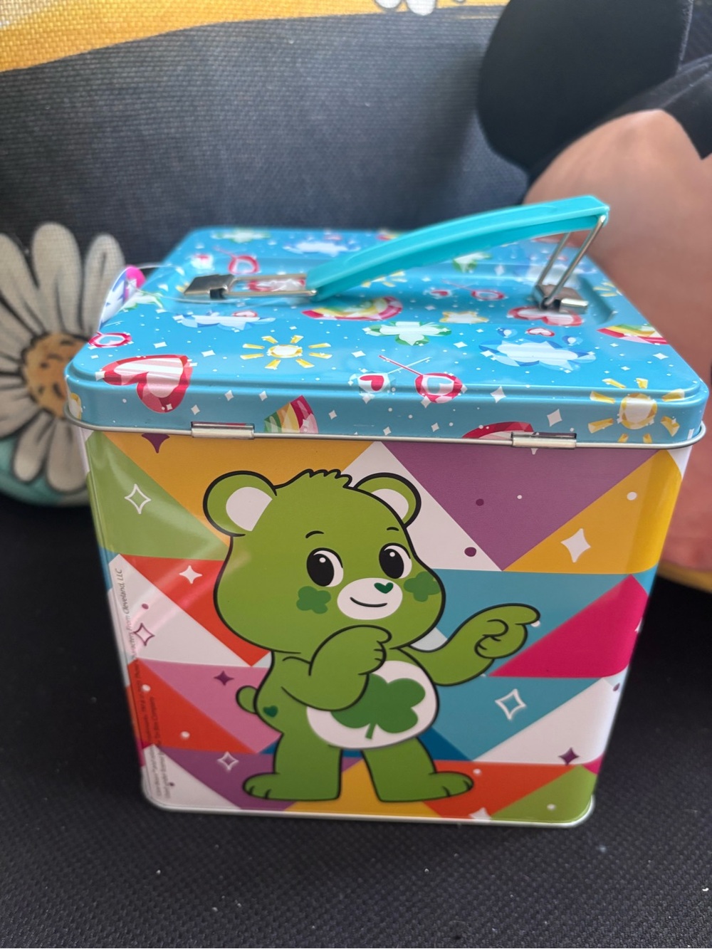 Colorful Green Bear Tin Storage Box with Blue Handle